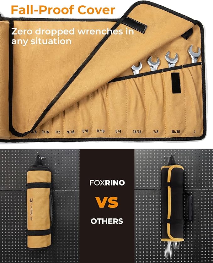 Wrench Roll, Wrench Roll Up Pouch, Gifts for Men Father Dad Mechanic, Heavy Duty Canvas Wrench Organizer Bag (Brown, 13+1 SAE)