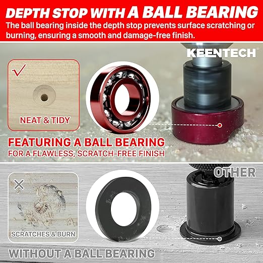 KEENTECH Carbide Tipped 82° Countersink Drill Bit with Depth Stop, 3/8" Dia x 1/8" Drill Diameter x 1/4" Shank, Adjustable Depth Stop with Ball Bearing for High Fine Finish on Softwood and Hardwood