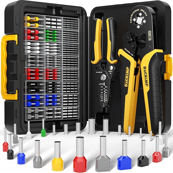 Ferrule Crimping Tool Kit, Ratchet Pliers for 24-8 AWG with 24 Types Insulated, Non-Insulated and Two Wire Ferrules, Ferrule Crimper, Wire Ferrules Kit, Crimping Pliers set with Wire Strippers