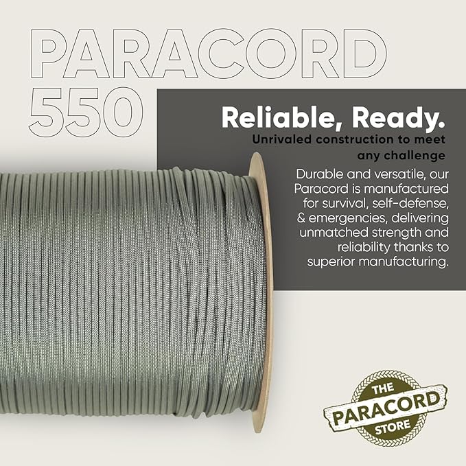 The Paracord Store | Type III 550 Paracord - 250 FT Spool, Charcoal Grey | Heavy Duty 7 Strand Tactical Paracord - USA Made Nylon Outdoor Parachute Cord for Camping, Fishing & More - Survival Cord