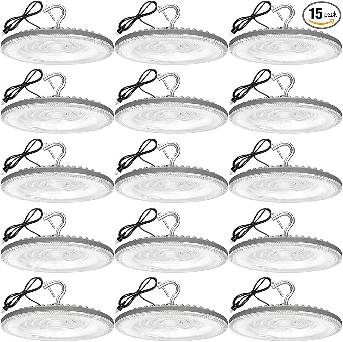 15 Pack 100W UFO Led High Bay Light,IP66 Waterproof,120VAC,15050LM 5000K Daylight Area Lighting,450W MH/HPS with Plug Commercial Bay Lighting for Warehouse/Shop/Workshop/Barn/Gym/Factory