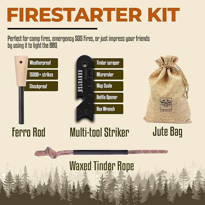 Fire Starter Survival Tool–Ferro Rod Fire Starter with 11" Waterproof Tinder Wick Rope, Multi-Tool Striker and Extra Jute Bag - All-in-One Flint and Steel Fire Starter Kit.