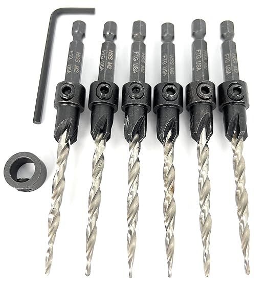 FTG USA 6 Pc #10 (3/16") Countersink Drill Bit Set with Depth Stop Collar, Hex Wrench - Tapered Drill Bits for Wood