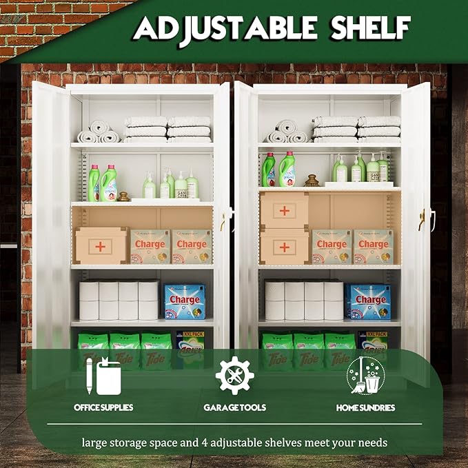 Greenvelly White Metal Storage Cabinet for Garage, 72” Steel Locking Cabinet with Doors and 4 Shelves, Tall Tool Organizer for Garage Systems Lockable File Storage for Home Office, Classroom