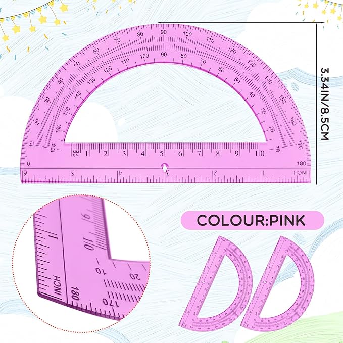 EBOOT Plastic Protractor Math Protractors 180 Degrees, 6 Inch, Pack of 2 (Pink)
