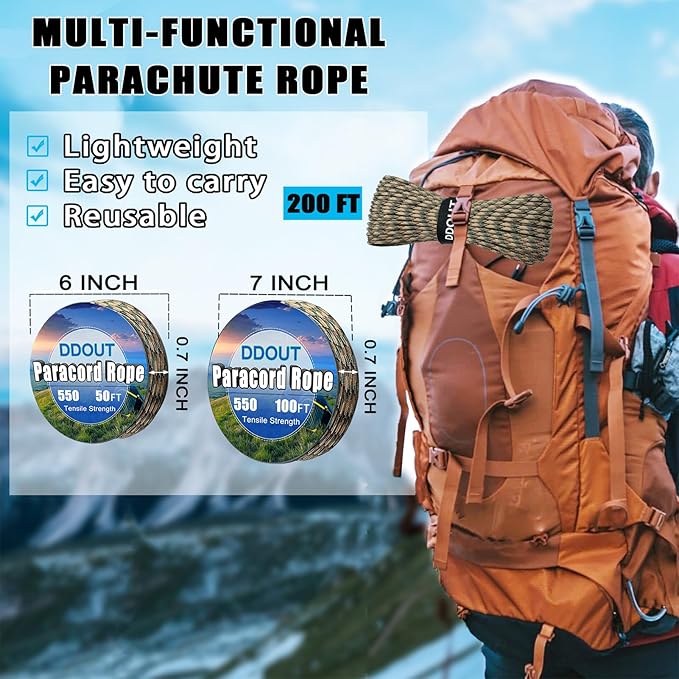 Paracord Nylon Rope Camo 50ft with 7-Strand Core, 10 Colors and 50/100/200 ft, Type III Parachute Cord 4mm for Camping, Survival, Hiking, DIY, Crafting, Outdoor Utility Rope