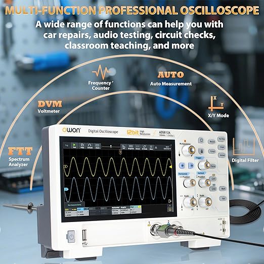 OWON Digital Oscilloscope ADS812A 100MHz Bandwidth 12bits Lab Oscilloscope 1.25GSa/s Sample Rate with Dual Channel 50M Memory Depth 7 inch LCD Display(100MHz/2CH/ADS812A)