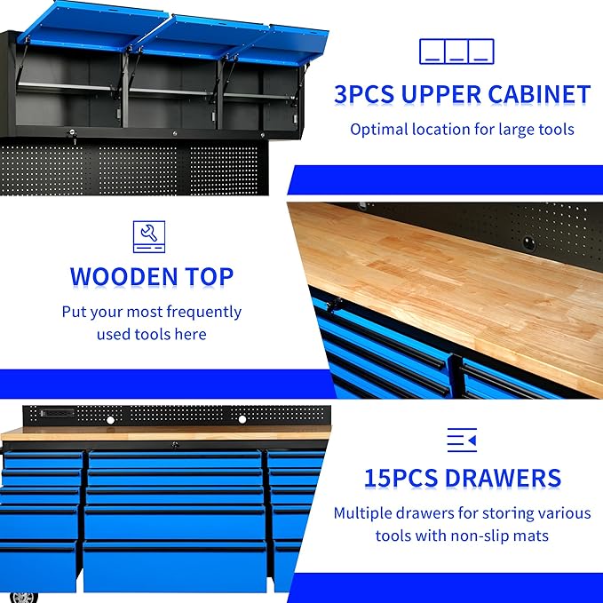 CT Copper Tailor 72-inch Rolling Tool Chest with Integrated Power Strip,15 Drawers and Wheels, Garage Workbench with Storage, 3 Upper Cabinets, Pegboard in Blue