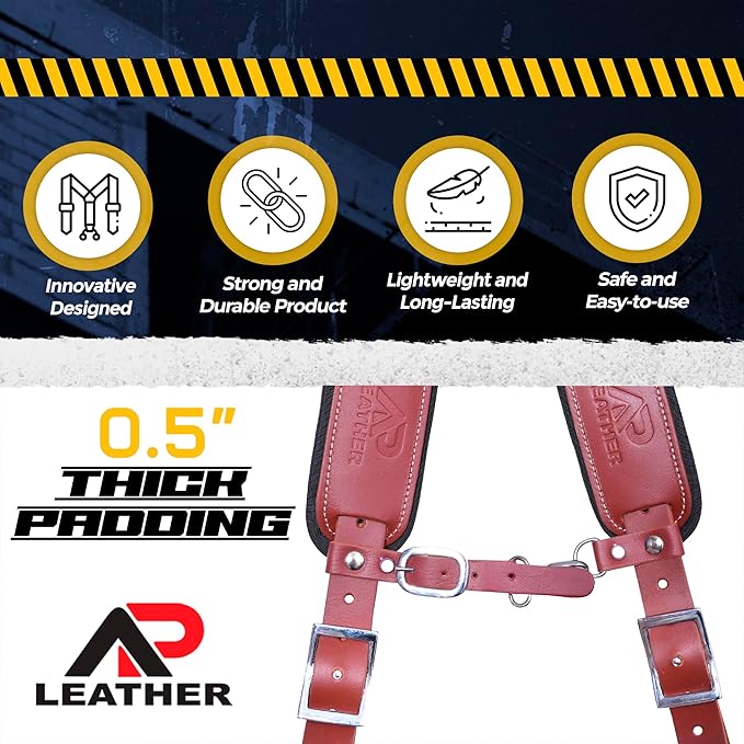 Tool Belt Suspenders – Heavy-Duty Adjustable Work Suspenders with 4 Detachable D-Loop for Construction Tool Belt (Maroon)
