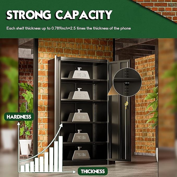Greenvelly Metal Garage Storage Cabinet, 72” Lockable Storage Cabinet with Adjustable Shelves, Steel Tool Organizer for Home Office, Garage, School, Classroom(36" W x 18" D)