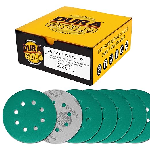 Dura-Gold Premium 220 Grit 5" Green Film Sanding Discs, 8-Hole Pattern, Box of 50 - Dustless Hook & Loop Backing Sandpaper for DA & Random Orbital Sanders, Sand Automotive Paint Woodworking Furniture