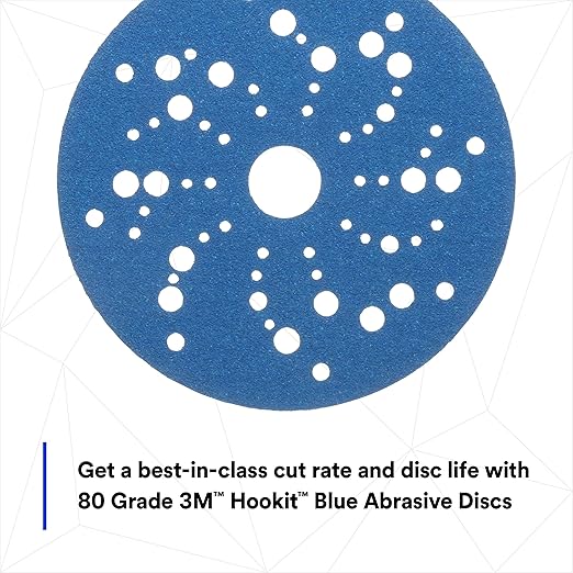 3M Hookit Blue Abrasive Discs 36157, Multi-Hole, 5 in, 80+ Grade, Pack of 50, Virtually Dust-Free, for Auto Sanding, Body Repair, Featheredging, Primer Sanding, Paint Preparation, E-Coat Sanding
