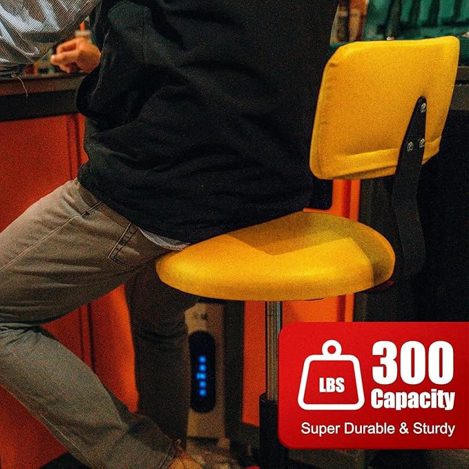 Shop Stool with Backrest, Mechanic Garage Stool for Workshop, Adjustable Shop Stools Chair, Padded Workbench Stools for Men Women, 300 LBS Capacity, 360° Swivel PVC Seat, Heavy Duty, Yellow