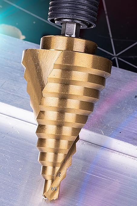 NordWolf HSS Titanium SAE Step Drill Bit, Spiral Groove Double Flute Unibit with 1/4" Hex Shank for Sheet Metal, 10 Imperial Step Sizes 1/4" to 1-3/8"