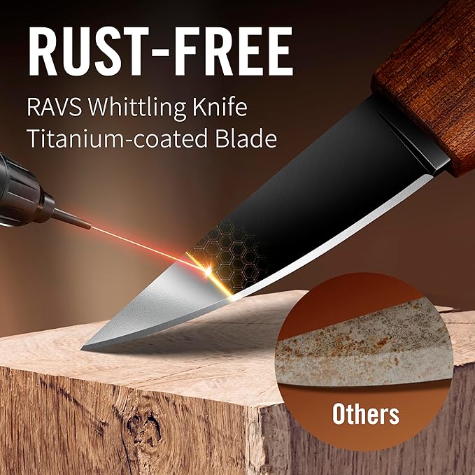RAVS Whittling Knife with Leather Sheath, High Carbon Steel Blade Wood Carving Knife with Titanium Coating, Sloyd Knife with Ergonomic Rosewood Handle, Wood Carving Tools for Beginners to Experts