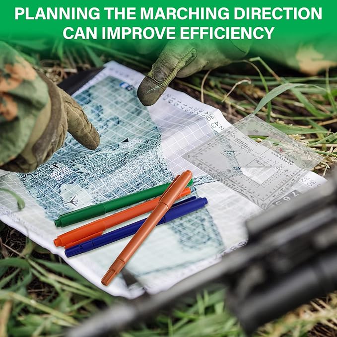 Oudain Military UTM/MGRS Coordinate Scale 7 Assorted Colors Military Map Markers Fine Point Pens Land Navigation Protractor and Map Reading and Grid Coordinate Reader Pairs with Compass