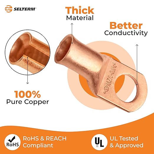 SELTERM 10pcs 1/0 AWG - 1/2" Stud (Wide Pad) - Battery Lugs, Heavy Duty Wire Lugs, Ring Terminals, Battery Cable Ends,0 Gauge Terminals, UL Bare Copper Eyelets Electrical Battery Terminal Connectors