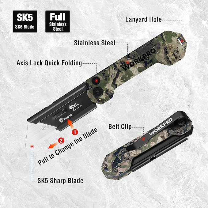 WORKPRO 3-Pack Camo Folding Utility Knife Set, Pocket Knife with Quick Open Axis Lock, Compact EDC Box Cutter with Belt Clip for Cardboard, Plastic, Leather