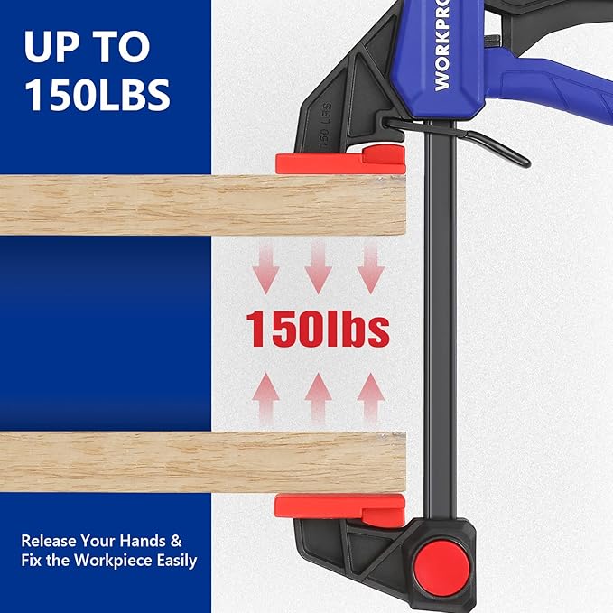 WORKPRO Mini Bar Clamps for Woodworking, 6"(2) and 4-1/2"(2), 4-Piece One-Handed Clamp/Spreader, Light-Duty Quick-Change F Clamp with 150lbs Load Limit Blue