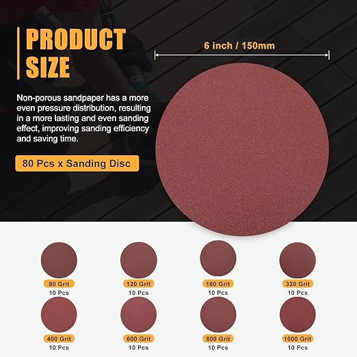 80 Pcs 6 Inch Sanding Disc 80/120/180/320/400/600/800/1000 Grit Round Hook and Loop Sandpaper for Random Orbital Sander Automotive Car
