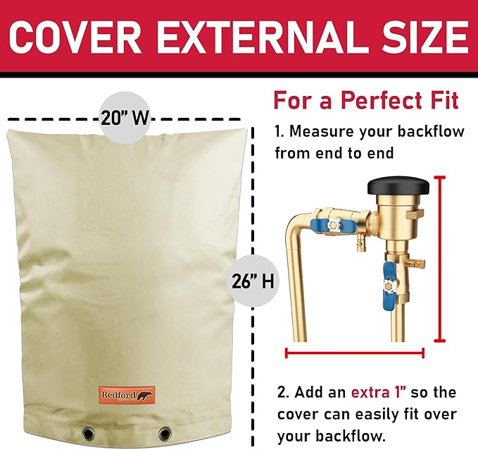 Redford Supply Co. Cold Snap (5°F) Backflow Preventer Insulation Cover, 20"W x 26"H, Pipe Insulation, Water Sprinkler Covers for Outside, Sprinkler Backflow Cover for Winter, Well Pump Bag (Beige)
