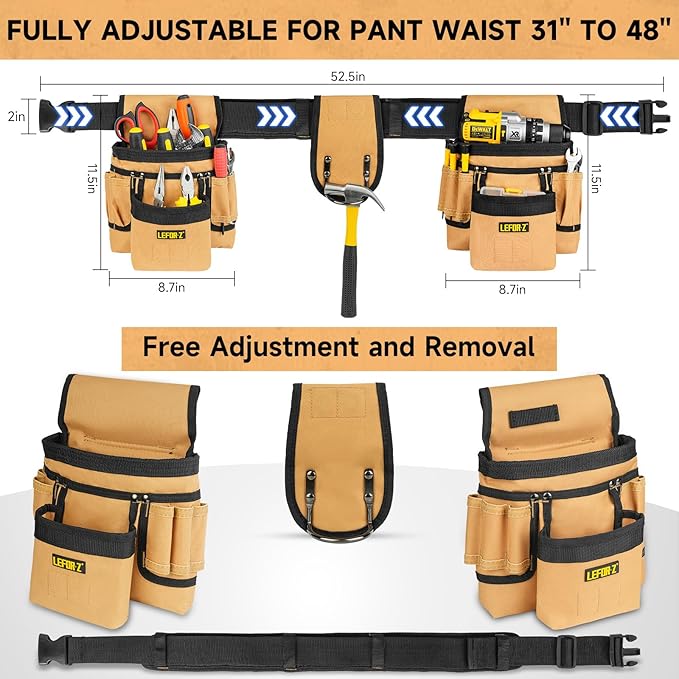 Tool Belt,Magnetic Tool Pouch,27-Pockets Heavy Duty Padded Tool Belts for Men,Detachable & Adjustable Tool Pouch Bag for Electrician,Carpenter,Construction,Work Apron,Utility Belt,Black,Brown