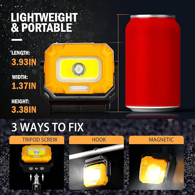 Magnetic Work Light, 1200LM COB LED Rechargeable Work Light with 15 Lighting Modes, 360°Rotatable Flood Lights for Car Repairing, Job Site Lighting Emergency Outdoor Camping Hiking
