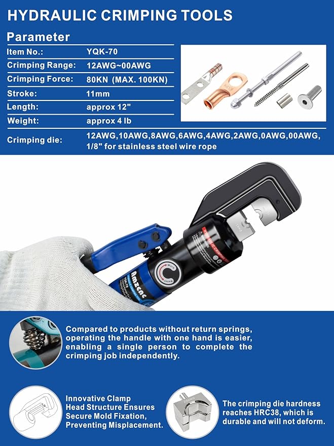 AMZCNC Hand Operated Hydraulic Crimping Tool Hydraulic Cable Lug Crimper 8 US TON 12 AWG to 00 (2/0) Electrical Terminal Cable Wire Tool Kit with 9 Die