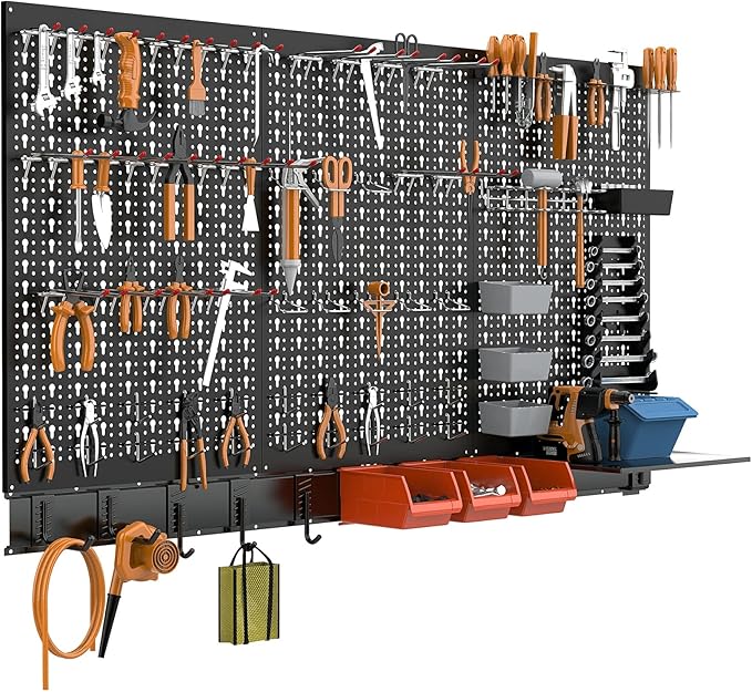 TORACK Metal Pegboard Wall Organizer System for Garage, 109PCS Pegboard Accessories Organizer Kit with Pegboard Bins, Hooks, Peg Locks, Pegboard Storage System for Workbench(Black)