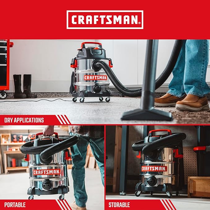 Craftsman CMXEVBE17155 10 Gallon 6.0 Peak HP Stainless Steel Wet Dry Vac, Portable Shop Vacuum Wet and Dry with Filter, Muffler/Diffuser, Hose and Attachments for Home and Garage Use
