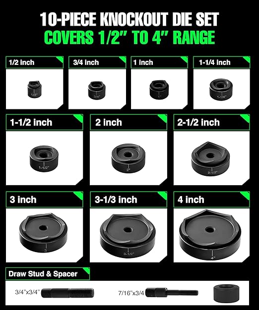 1/2" - 4" Hydraulic Knockout Punch Set | 15 US Tons | Knock Out Set with 10 Dies | Punching Capacity 11-16 Gauge | 1 Year WARRENTY | Staten Tools