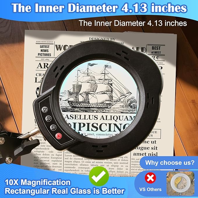 2-in-1 Desk Lamp & Clamp Light, 10X Magnifying Glass with Light and Stand, 5 Color Modes 10 Brightness Dimmable LED Desk Lamp,14.5inch Adjustable Swing Arm for Reading Crafts Painting Close (Black)