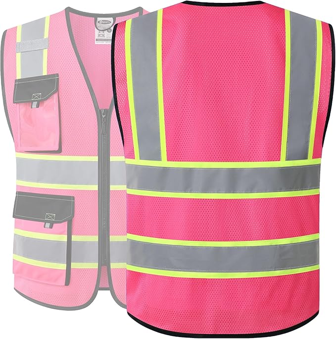 JKSafety Hi Vis Reflective Safety Vests for Men Women High Visibility Vest with Pockets Mesh Fabric Construction Safety Apparel Neon Vest for Work (220-Pink XXL)