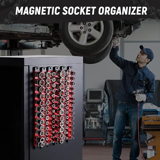 ALOANES Magnetic Socket Organizer, 1/4-Inch Drive Aluminum Socket Holder Socket Tray, Heavy Duty Socket Rail Organizer for Tool Box Drawer, 360°Swivel Clips Socket Rack 1/4-Inch x 14 Clips (Red)
