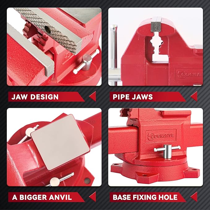 6.5" Heavy-Duty Bench Vise Ductile Iron Bench Vise 360° Swivel Bench Vice with Anvil, Red