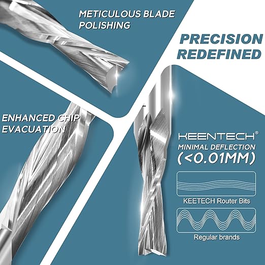 KEENTECH 1/2" Shank Downcut 2 Flute Flat Tip Sprial Router Bit for CNC Router Machine, 3/8" Cutting Diameter, 1-1/4" Cutting Depth, for Wood Cutting, Custom Furniture, Slot Mortise, Engraving