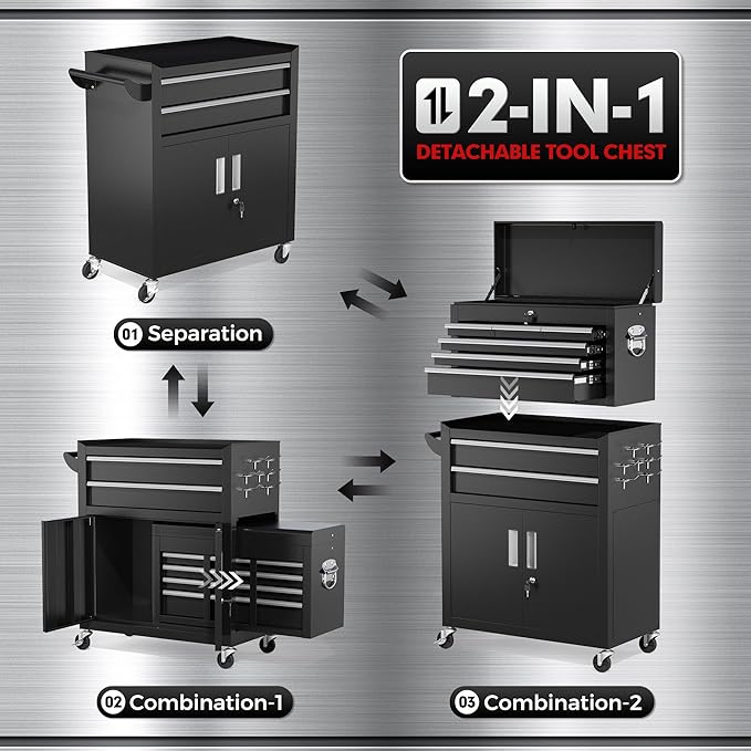 INTERGREAT Rolling Tool Chest with Wheels and 8 Drawers, Detachable Large Tool Cabinet with Lock for Garage, Locking Mechanic Tool Cart with Black Liner for Warehouse, Workshop, High Capacity