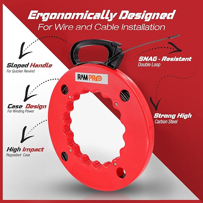 Fish Tape Wire Puller 50ft - Easy to use Cable Puller Tool with Double Loop Tip - Flexible Wire Fishing Tools for Walls and Electrical Conduit - 1/8 Steel Fish Tape Durable Housing - RamPro