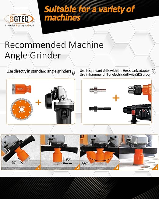 BGTEC Diamond Hole Saw Kit - 9PCS 20/25/35/50/75mm Drill Bits & 20mm Milling Finger Bit & 50mm Chamfering Bit & SDS/HEX & 125mm Tile Blade for Porcelain Tile Ceramic Granite Marble Stoneware