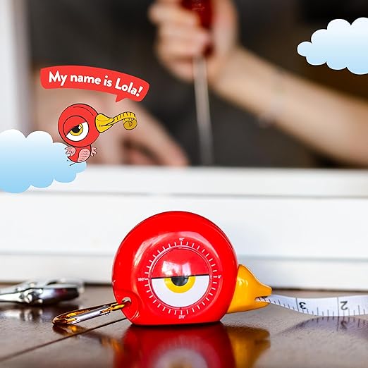 Handy Famm 8Ft Animal Shaped Kids Tape Measurer, Fun Level and Protractor Angle Finder, Educational Children's Tools, Small Measuring Tapes for Learning Early Math Skills, Ages 3 and up, Red Bird