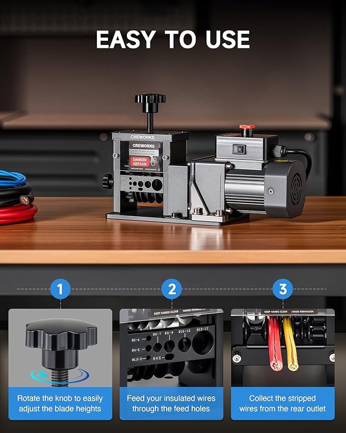 CREWORKS Automatic Wire Stripper Machine, 8 Channel Electric Wire Stripping Machine for 0.06 to 0.67 in. Copper Wires, Electric Cable Stripper Machine with 5 Blades and All-Copper Motor for Recycling