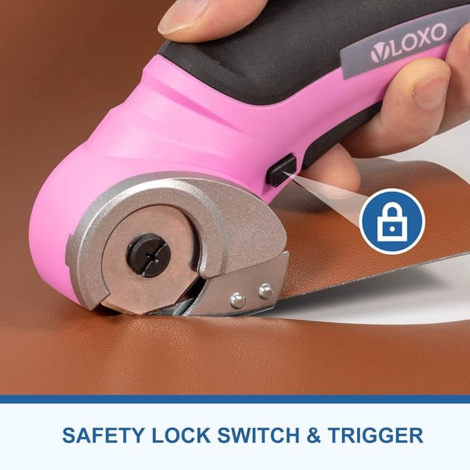 VLOXO Cordless Electric Scissors, Cardboard Cutter with Safety Lock 4.2V Electric Mini Cutter Power Rotary Scissors for Leather Felt Rug Box with Storage Box Pink