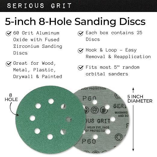 Sanding Discs 5 Inch 8 Hole 60 Grit - Heavy-Duty Hook & Loop Wet Dry Film Sandpaper Discs - Coarse Grit Sand Paper for Random Orbital Sanders - Wood, Automotive, Metal, etc - 25 Pack Box