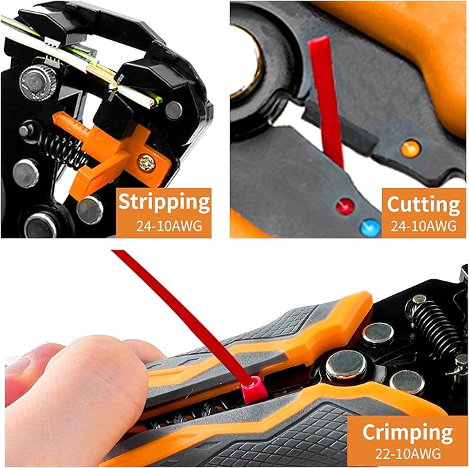 Automatic Wire Stripper for 10-24 AWG, 8 Inch 3-In-1 Tool for Stripping, Cutting, and Crimping, Multi-function Tool for Industrial and DIY Use