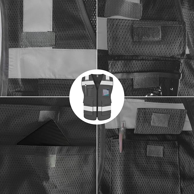 TCCFCCT Mesh Reflective Safety Vest with 5 Pockets High Visibility Vest for Men Women, Work Vest with Horizontal Strip for Walkie-talkie and ID Card, Meets ANSI/ISEA Standards, Grey, 4XL