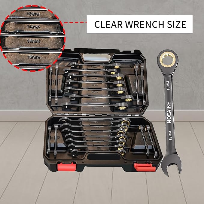 22-PCS Ratchet Wrenches Set,Anti-slip Teeth,Ratcheting Combination Wrench Sets Metric 6-18mm & SAE 1/4"-3/4" with Organizer Box,Black Nickel Electroplating