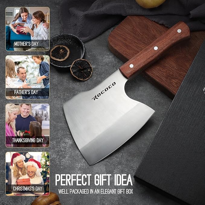 ROCOCO Meat Bone Cleaver Knife for Meat Cutting Heavy Duty Butcher Axes Hand Forged Full Tang Chopper for Kitchen Thanksgiving Christmas Gifts Idea Men Silver