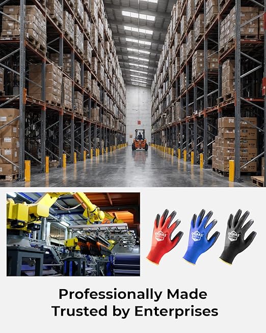 OKIAAS Work Gloves for Men，Ultra Thin and Lightweight Working Gloves with Grip, 12 Pairs Bulk Pack Construction Gloves with Polyurethane Coating, Safety Gloves for Light Duty Work (Blue, X-Large)