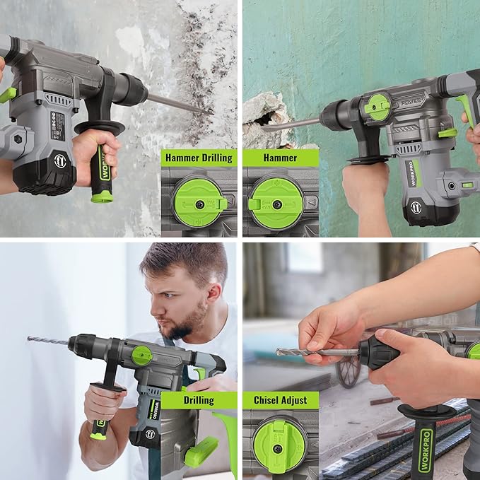 WORKPRO Premium 1-1/4 Inch SDS-Plus Rotary Hammer Drill, 12.5AMP, Heavy Duty Corded Version for Concrete Demolition Chipping Rotomartillo, 5 SDS-Plus Bits