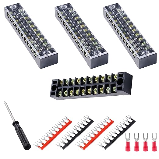 Terminal Block (4 Sets) 4Pcs 10 Positions Dual Row 600V 15A Screw Terminal Strip Blocks with Cover&4Pcs Pre-Insulated Barrier Termina Block Strip&40Pcs Insulated Fork Wire Connector